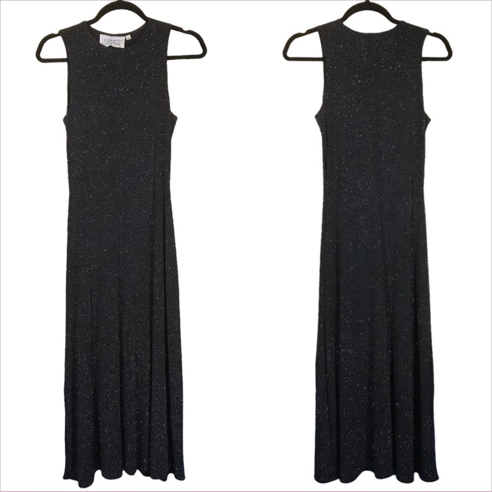Vintage 90s Y2K Black Gold Silver Shimmery Slinky Body Con Party Formal Dress